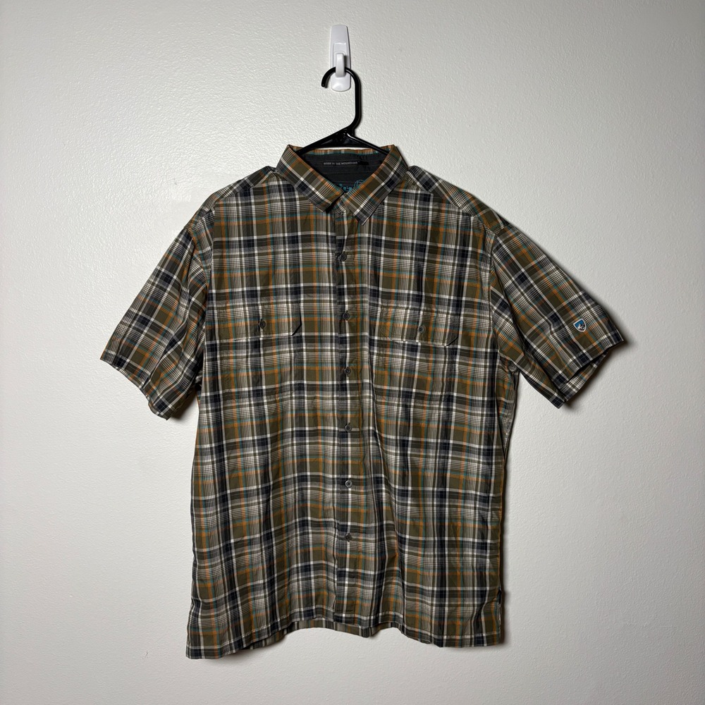 Kuhl Eluxur Plaid Shirt Mens XL Green Orange Short Sleeve Hiking Button Down